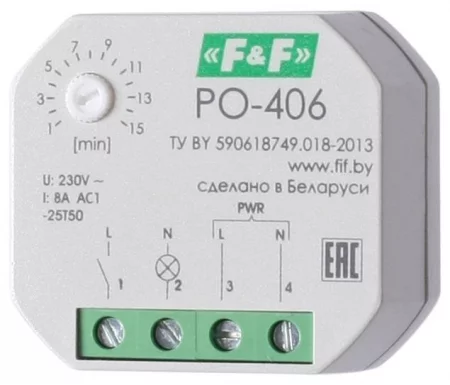 Реле времени PO-406 8А 230В 1НО IP20 задержка выключ./управ. контактом монтаж в коробку d-60мм F&F 