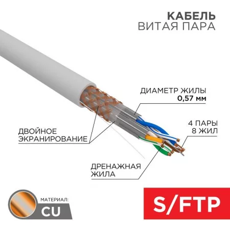 Кабель витая пара S/FTP CAT 6A ZH нг(А)-HF 4х2х0.575мм 23AWG INDOOR SOLID сер. (305м) PRO Rexant 