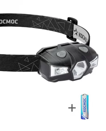Фонарь налобный 1Вт LED+красн. 1xAA (R6) корпус ABS-пластик регулируемый эласт. ремешок КОСМОС 