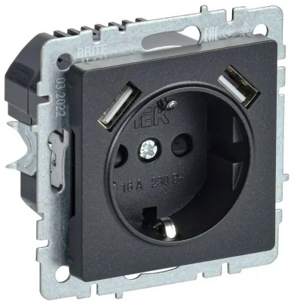 Розетка BRITE РЮш10-2-БрЧ 16А с USB A+A 3.1А с заземл. защ. шторки механизм черн. IEK 