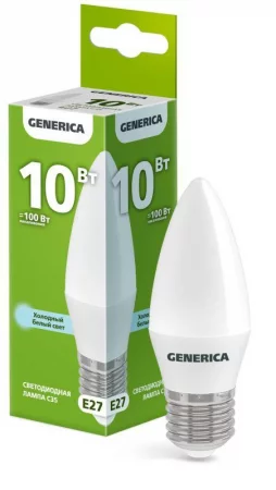 Лампа светодиодная C35 10Вт свеча 6500К E27 230В GENERICA 