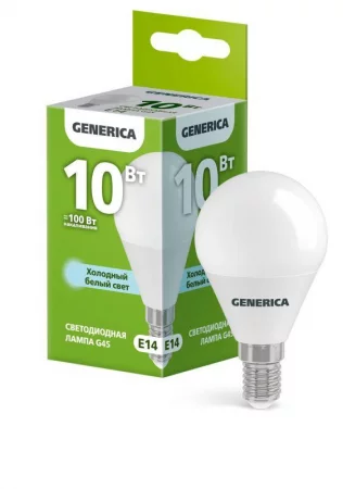 Лампа светодиодная G45 10Вт шар 6500К E14 230В GENERICA 