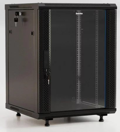 Шкаф настенный TWB-FC-1866-GP-RAL9004 19дюйм. 18U 908х600х600мм стекл. дверь с перфорацией по бокам ручка с замком с возмож. установки на ножки черн. (разобранный) Hyperline 