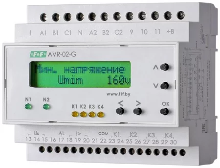 Устройство управления резервным питанием AVR-02-G (2 ввода однофункц. (для работы с генератором) ЖКИ индикатор 35мм 3х400В+N 5х8А 5P IP20 монтаж на DIN-рейке) F&F 