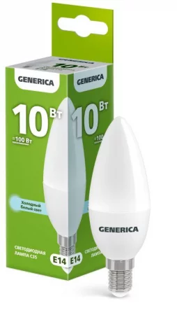 Лампа светодиодная C35 10Вт свеча 6500К E14 230В GENERICA 
