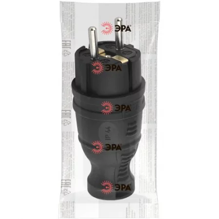 Вилка прямая 16А IP44 с заземл. каучук. черн. V8-B-IP44 Эра 