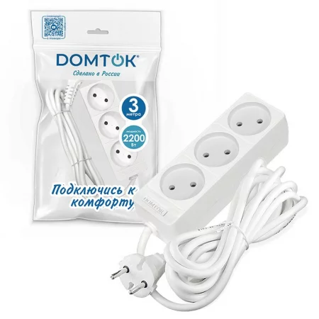 Удлинитель 3х3м без заземл. 10А IP20 2.2кВт ПВС 2х0.75 бел. DOMTOK 
