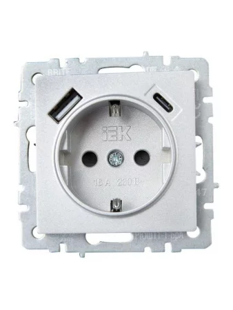 Розетка BRITE РЮш11-1-БрА 16А с USB A+C 18Вт с заземл. защ. шторки механизм алюм. IEK 