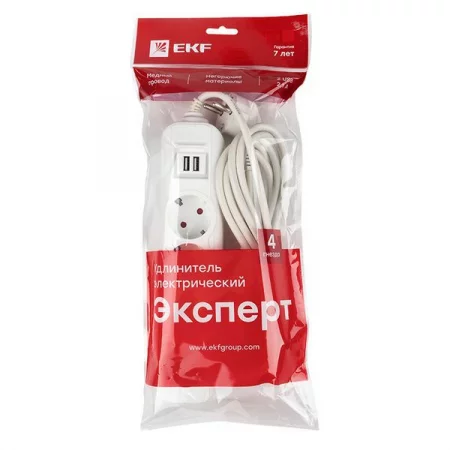 Удлинитель 4х5м 16А IP20 Эксперт 3.5кВт 2хUSB 2.1А ПВС 3х1 PROxima EKF 