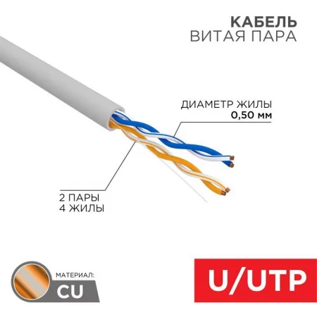 Кабель витая пара U/UTP кат.5E 2х2х24AWG solid CU PVC сер. (м) Rexant 